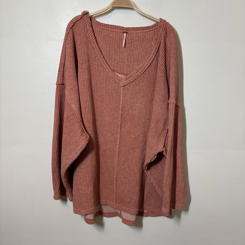 Free People Oversized V-Neck Ribbed Pullover - Dusty Rose